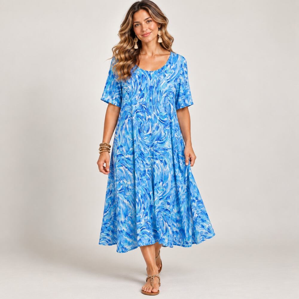 Susan Graver Liquid Knit Dress Women's Size XL Blue Wedding Guest Office Party